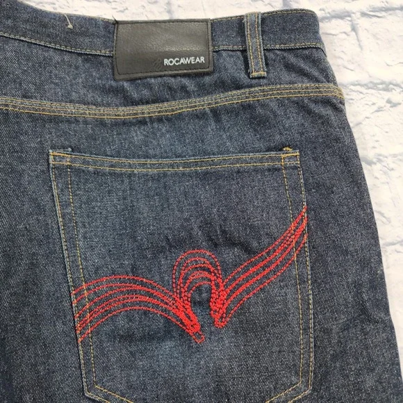 Rocawear MENS 42X30 Blue Denim Pants Baggy Gruge Emo Embroidered VINTAGE Y2K